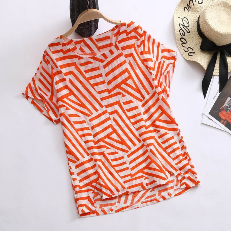 Explosive retro geometric cotton and linen loose  new round neck T-shirt